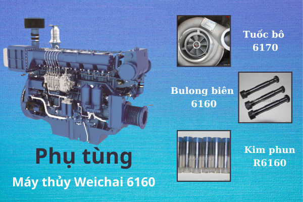Các phụ tùng thay thế chính cho máy thủy Weichai 6160, bao gồm bộ lọc, bơm nhiên liệu, bộ quạt và bộ điều khiển
